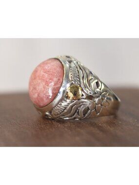 Sterling Silver & Gold Accents Ring-Rhodochrosite Cabochon Floral Leaf Motif